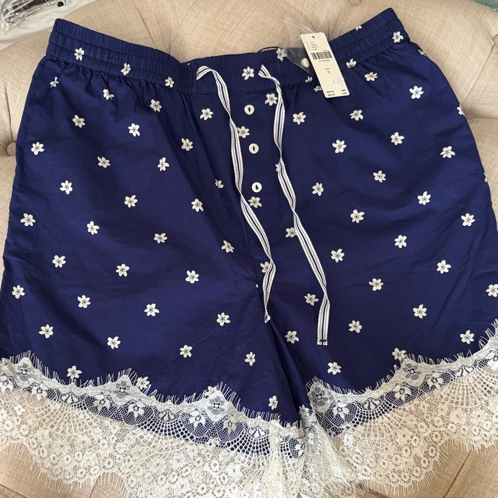 Anthropologie Navy Blue Floral Lace-Trim Drawstring Skort